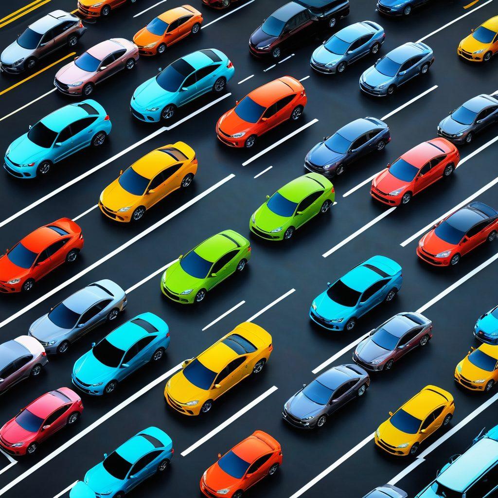 A dynamic collage representing auto protection with various vehicles like cars and motorcycles shielded by a transparent protective layer. Highlight overlapping icons of discounts, insurance policies, and a magnifying glass symbolizing exploration. Use a vibrant color palette to evoke trust and assurance, with a sleek, modern design. Illustrate a road leading into the distance to signify navigation. super-realistic. vibrant colors. 3D.