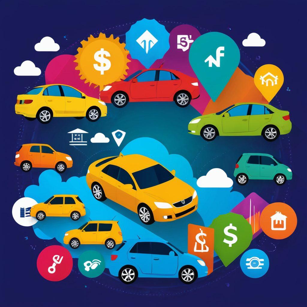 A visually appealing collage featuring a diverse group of people happily using their devices to compare car insurance policies, surrounded by icons of discounts and savings. Include colorful charts illustrating cost comparisons, alongside a stylish car parked in a sunny environment. Emphasize clarity and accessibility to convey the theme of affordability and ease. bright colors. infographic style. 3D elements.