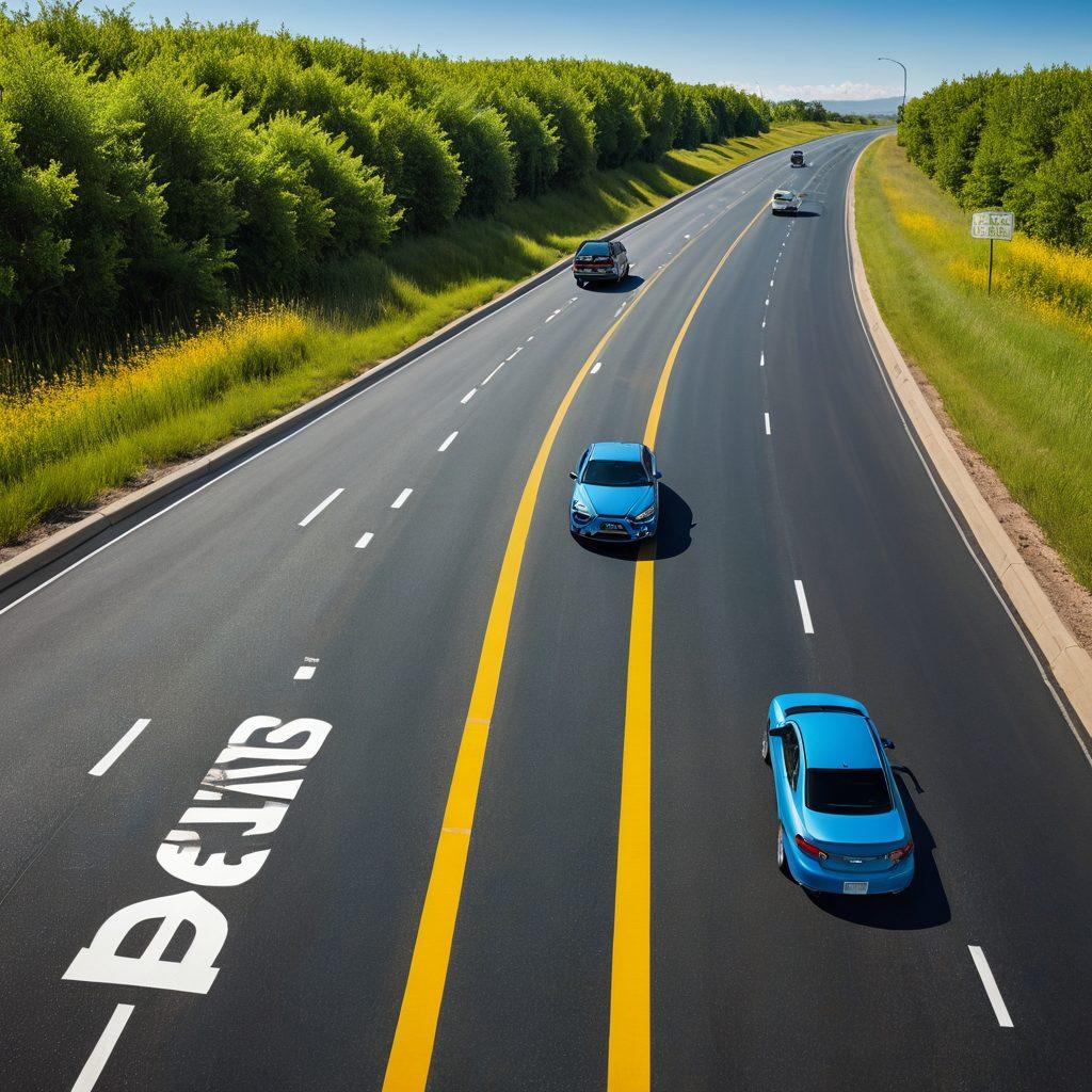 An eye-catching representation of a car's insurance journey, featuring two contrasting lanes: one labeled 'Liability' in dull colors, and the other 'Collision' in vibrant shades, symbolizing transition. Include visual elements like dollar signs and car icons to depict affordability. The background should show a scenic road with clear skies, enhancing the theme of exploration in coverage options. super-realistic. vibrant colors. clear sky.